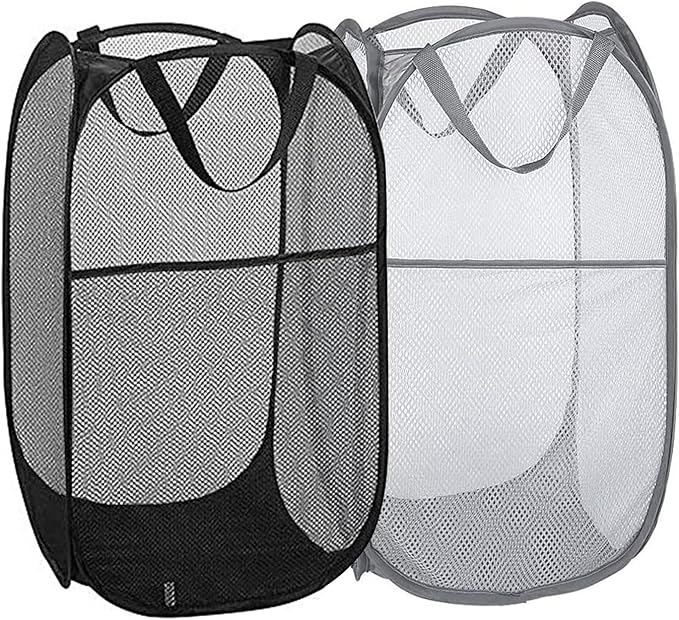Pop Up Laundry Hampers, Collapsible Mesh Laundry Baskets for Home, Dorm, Travel, Portable Clothes Hampers, Pack of 2 (Black + Grey)