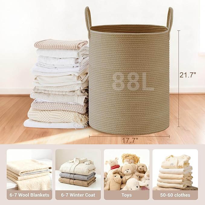 Tall Laundry Basket with Handles, 88L Portable Dirty Clothes Hamper, Boho Cotton Rope Storage Bin for Blankets Kids Toys Gifts, Large Organizer for Baby Nursery Bedroom Bathroom, Jute