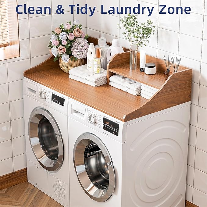 2 Tiers Washer Dryer Countertop, 54" Width x 27.5" Depth Laundry Countertop Organization, Wooden Washer and Dryer Topper for Folding, Sorting & Ironing, Easy to Install, Walnut