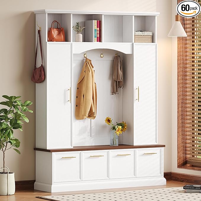 Versatile Hall Tree with Golden Hooks and 2 Doors, 5-in-1 Wood Coat Rack Entryway Shoe Cabinet with Bench& Adjustable Shelves, Functional 59'' Wide Hall Tree for Entrance Hallway (White-8.2)