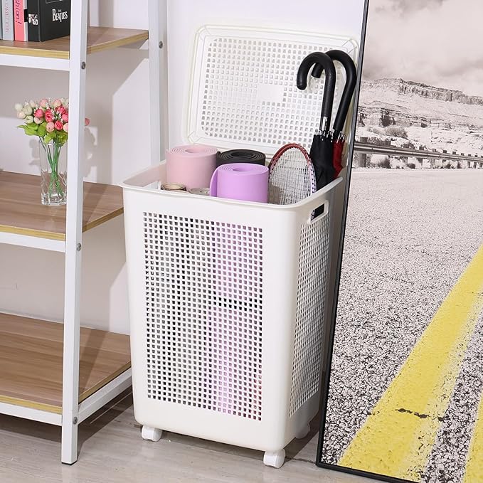 4 Packs 65 L Laundry Hamper with Lockable Wheels, 1.8 Bushels Large Plastic Laundry Basket with Lid, White