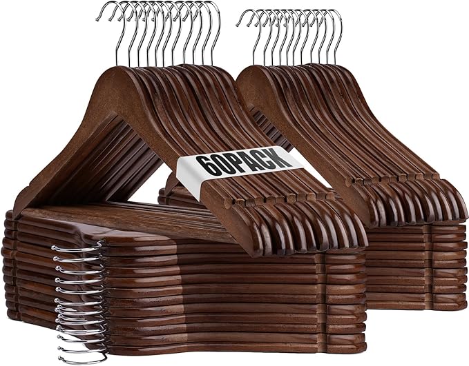 Wooden Hangers - 60 Pack - Clothes Hanger for Daily Used,Heavy Duty Wood Hangers with Precisely Cut Notches,Coat Hanger for Closet, Clothes Hangers for Shirt Suit Dres（Walunt）