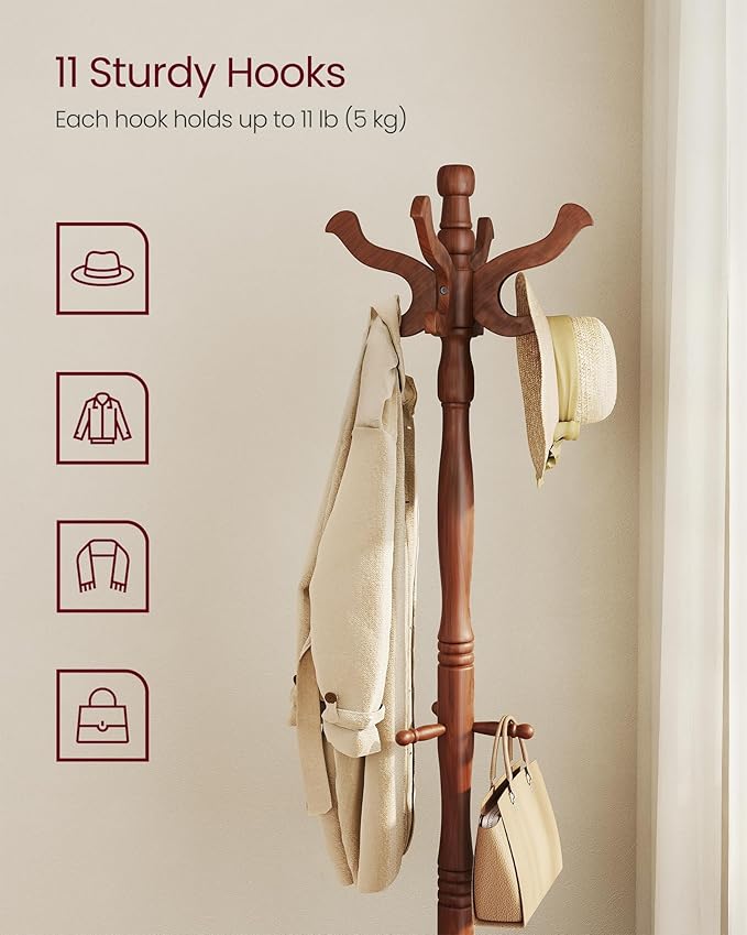 VASAGLE Coat Stand, Solid Wood Freestanding Coat Rack with 11 Hooks, Hall Tree for Bags, Purses, Hats, for Entryway, Hallway, Rubberwood, Caramel Brown URCR05WN