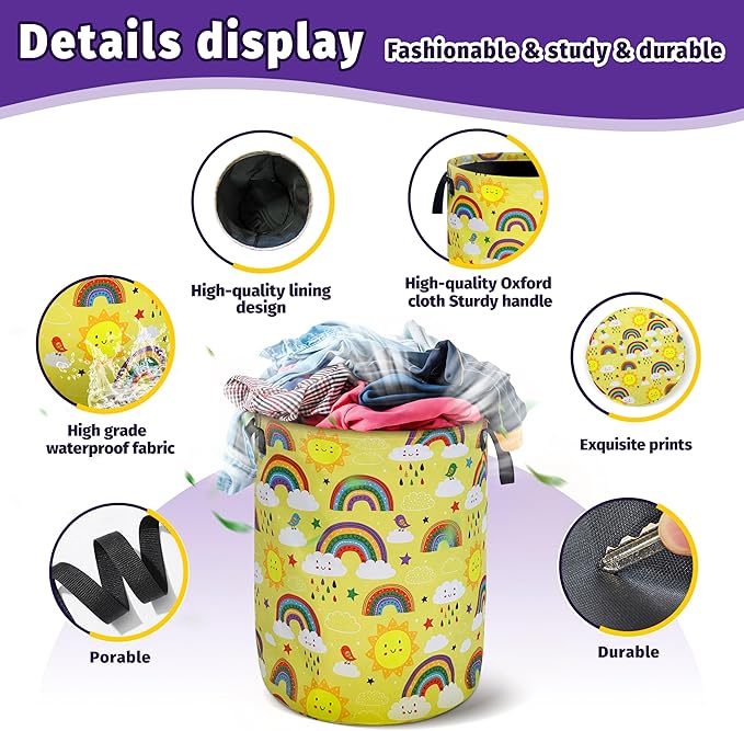 Sun Rainbow Laundry Basket Foldable Oxford Cloth With Handle Portable Children's Clothes Hamper Organizer Suitable For Laundry Room/Bedroom/Living Room/Children'S Room (18.9 Hx 16.5Dia)