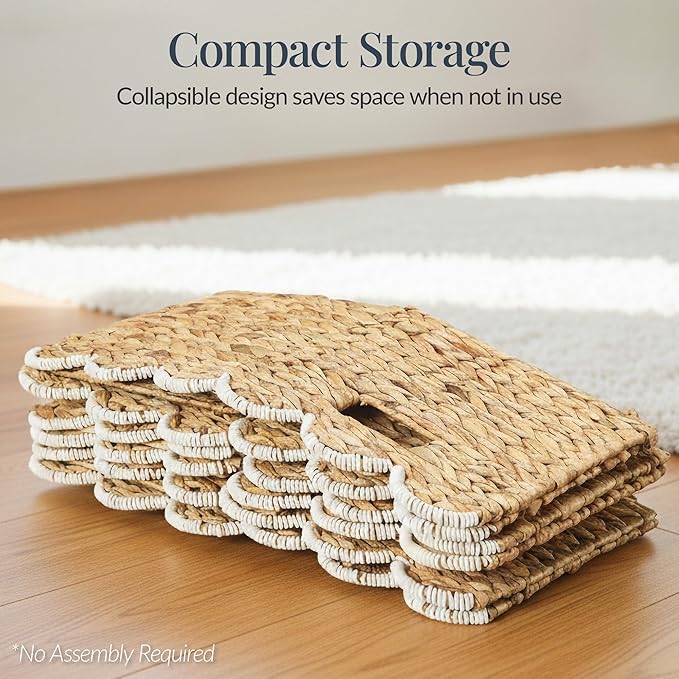 Best Choice Products 12 x 12in Scalloped Hyacinth Baskets, Rustic Set Of 5 Multipurpose Collapsible Storage Organizer, Handwoven Laundry Totes for Bedroom, Living Room, Shelves - Natural w/White Trim
