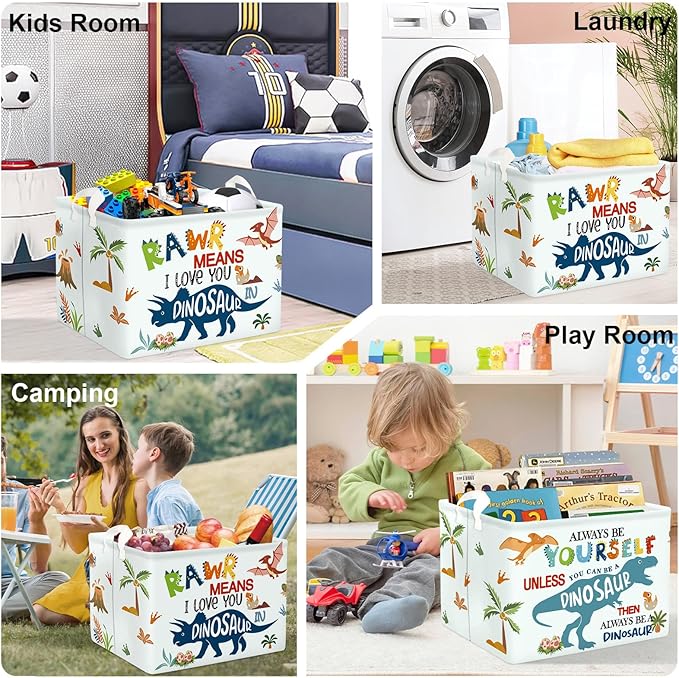 Dinosaur Laundry Hamper Large Storage Basket Cartoon Dino Collapsible Parents Organizer Kids Toy Clothes Bins for Bedroom, Bathroom, Boho Words, 36L