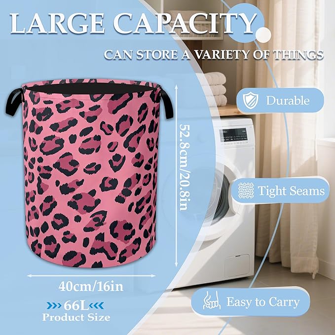 Pink Leopard Laundry Basket Collapsible Laundry Hamper Clothes Toy Storage Bin for Bathroom Bedroom Room Decor 16" X 20.8"