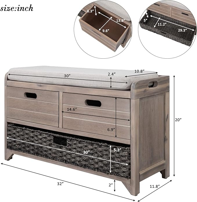SOFTSEA Storage Bench for Entryway, Upholstered Storage Ottoman with Removable Basket and 2 Drawers, Farmhouse Shoe Bench with Seat Cushion for Entryway, Living Room, Full Assembled, White Wash