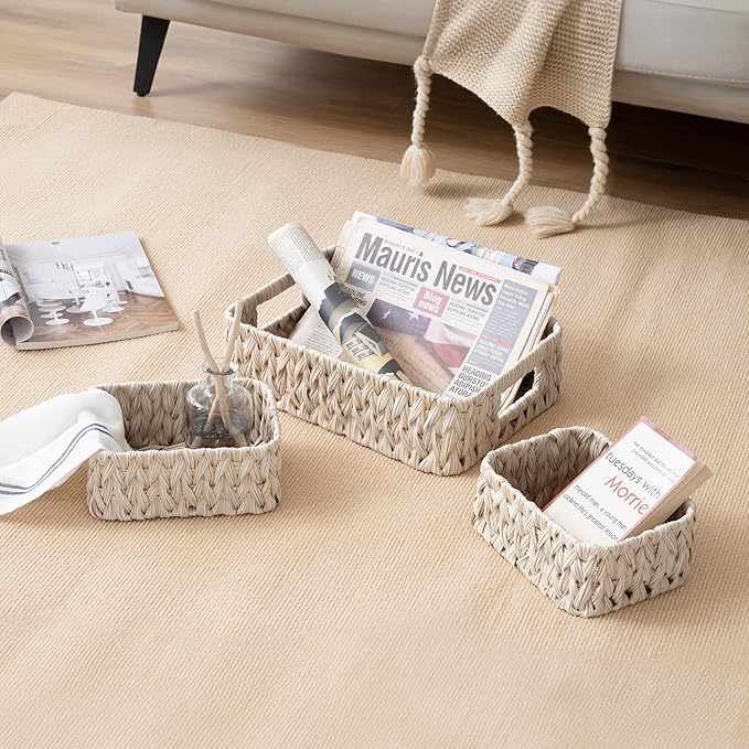 GRANNY SAYS Wicker Baskets for Storage, Wicker Storage Basket for Organizing, Small Woven Baskets, Waterproof Basket for Vanity, Home Decor, 3-Pack