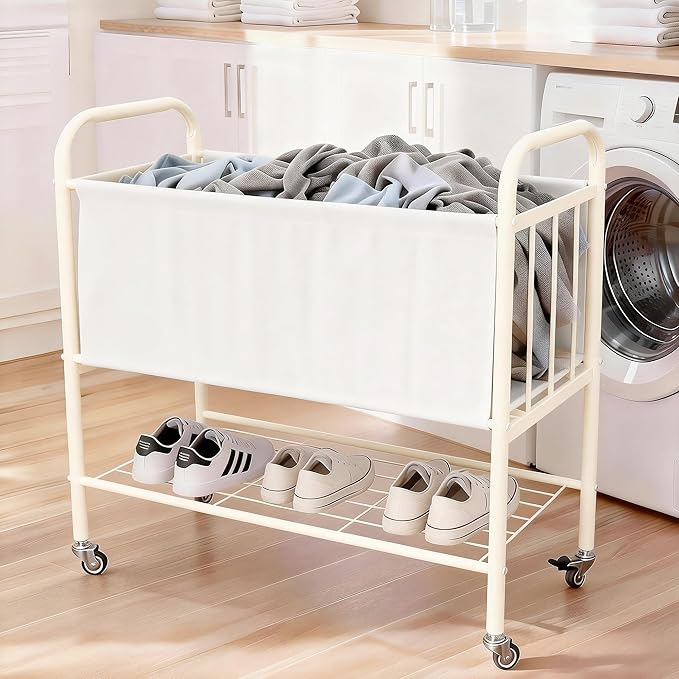 laundry basket with wheels, rolling laundry basket dirty clothes hamper storage cart, double laundry hamper for Bedroom, Laundry Room, Closet, Bathroom, College, 85L Large capacity (White)