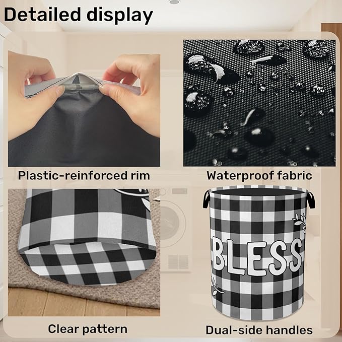 Checkered Bless Laundry Basket, Black White Foldable Laundry Hamper, Waterproof Fabric Storage Basket with Handles, Clothes Hampers for Laundry,Bedroom,Dorm