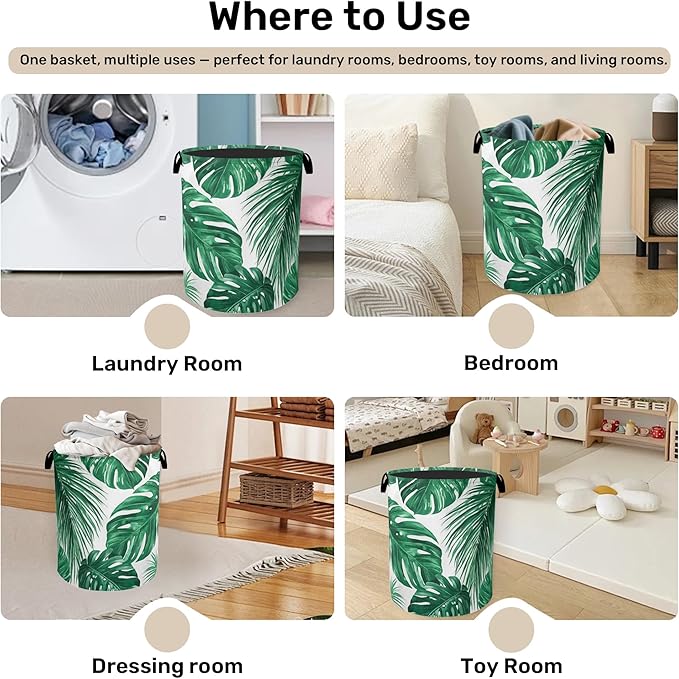 Tropical Leaves Laundry Basket with Handles - Extra Large Foldable Hamper for Bathroom/Laundry/Bedroom/Dorm, Washable Fabric Storage Bin