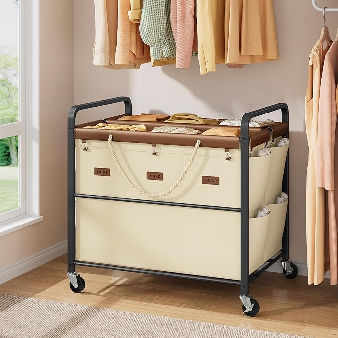 Tajsoon 295L Extra Large Laundry Hamper 6 Section, Heavy Duty Laundry Cart with Wheels, Commercial Laundry Sorter with Sturdy Metal Frame, Removable Bags & Leather Patchwork, Beige