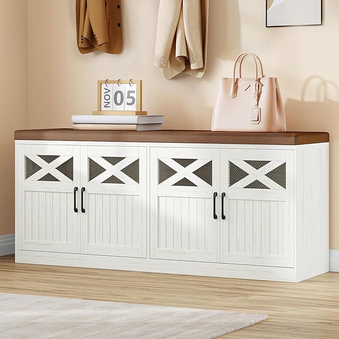 2 Tier Shoe Storage Bench with Doors, 47.2" Farmhouse Shoe Bench with Padded Cushion, 12 Pairs of Bed End Bench, Entryway Bench with Storage for Bedroom, Living Room, Rustic White SB61214KA