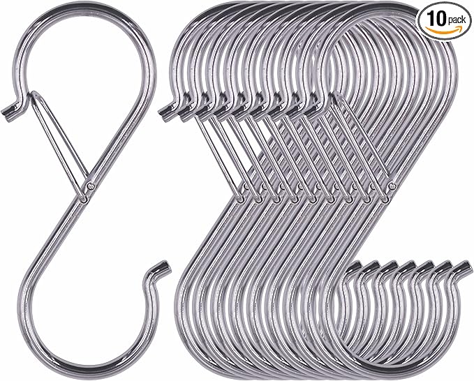 Vantasii 10 Pack S Hooks for Hanging, Rustproof S-Shaped Hook with Safety Buckle Heavy Duty Metal S Hanging Hook for Clothes, Pots, Pans, Kitchen Utensil, Cubicle, Closet Rob, Bags(3.5 inch, Silvery)