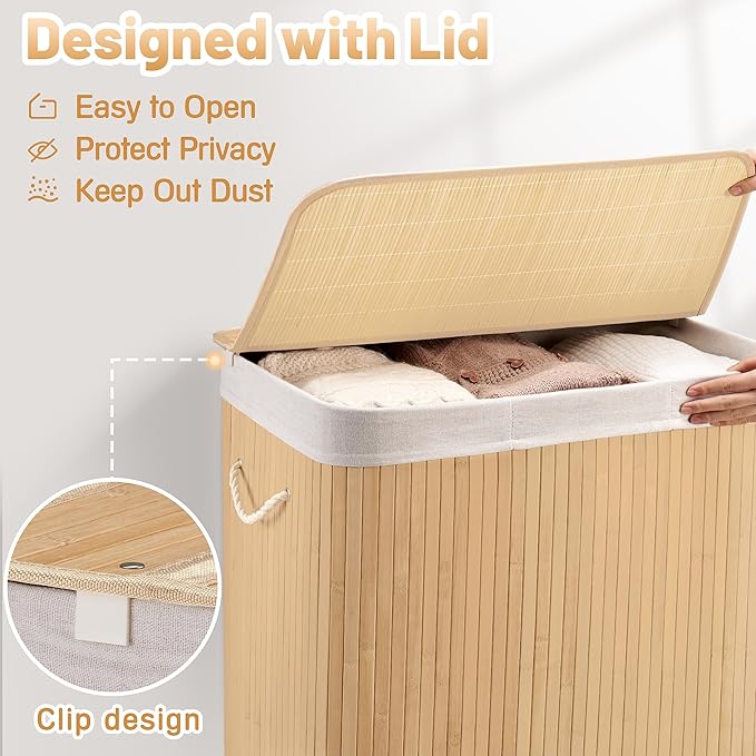 150L Laundry Hamper with lid, 3-Section Clothes Laundry Basket with Handles, Large Collapsible Bamboo Baskets for Bedroom, Bathroom, Dorm, Natural Beige