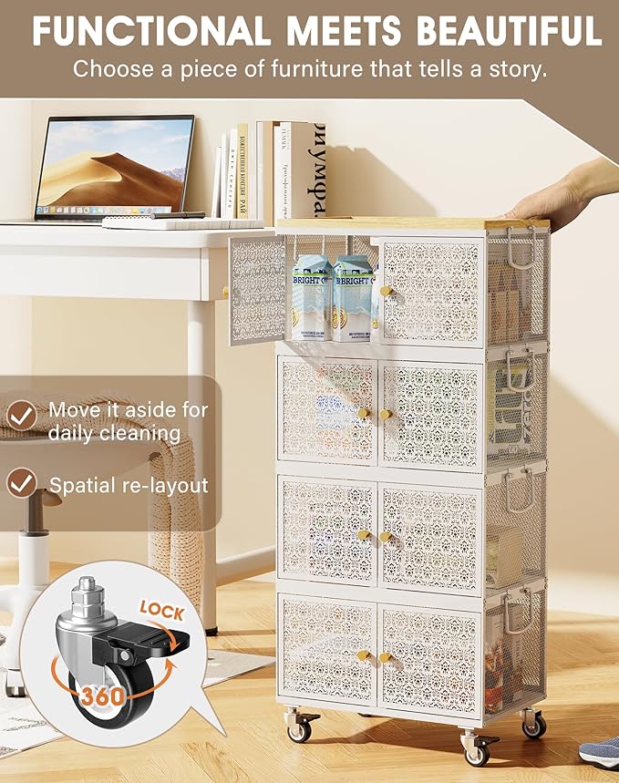 4 Tier Metal Storage Cabinet with wheels, Storage Bins with Magnetic Doors, Storage Cart for Living Room, Bedroom, Bathroom, Kitchen