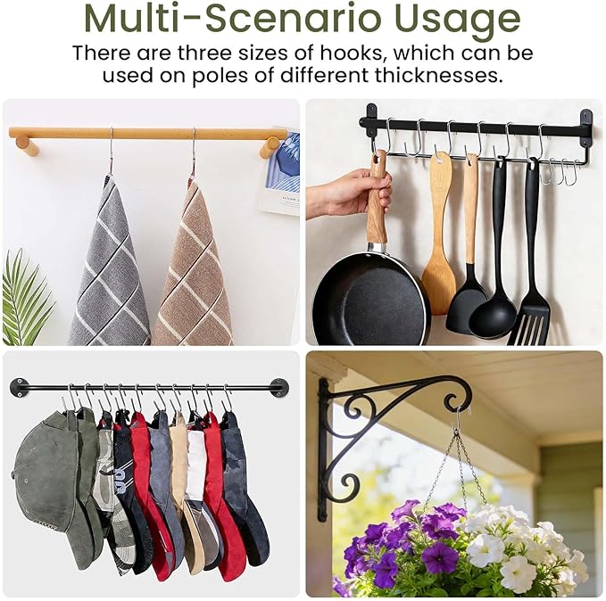 18 Pack Heavy Duty S Hooks for Hanging, Variety Sizes 6 PCS Large 4"/ 6 PCS Medium 3"/ 6 PCS Small 2.4" Pot Rack Hooks, Metal S Shaped Hanger Hooks for Hanging Jeans Pans Cups Plant Basket