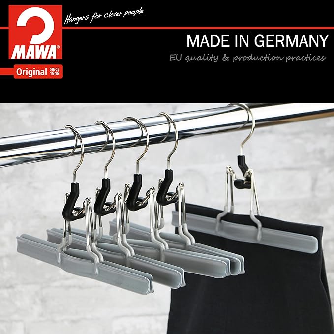Mawa by Reston Lloyd Non-Slip Space-Saving Clothes Hanger with Clamp for Pants and Skirts, Style M/26, Set of 6, Silver