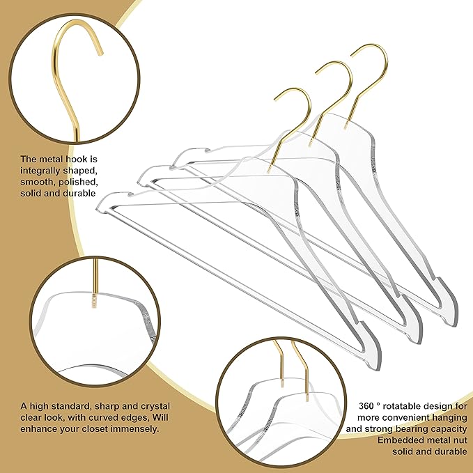 Quality Hangers Acrylic Clear Lucite Hangers - 5-Pack with Bar Matte Gold Hooks - Hangers for Clothes Like Pants Suits Jackets and Shirts - Closet and Wardrobe Organization