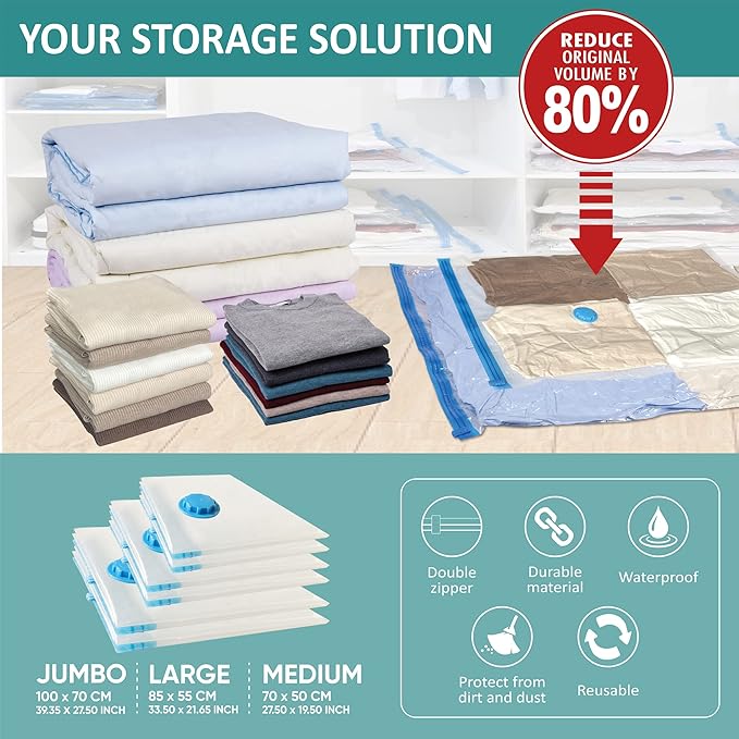 6 Pack Vacuum Storage Bags with Hand Pump, 80% Space Saver Vacuum Seal Storage Bags for Clothing, Travel Lugggage, Blankets, Comforters