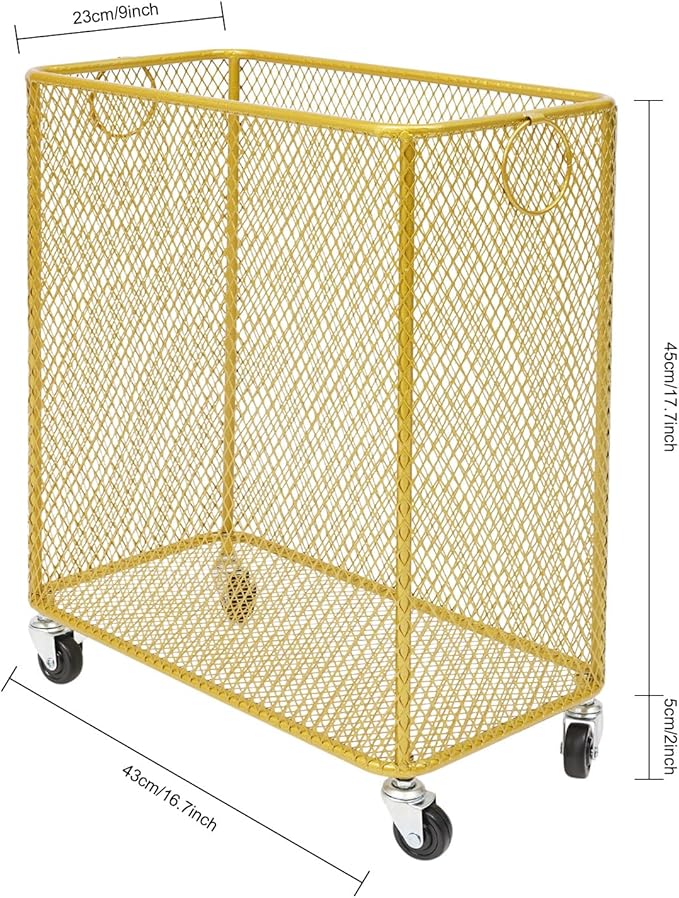 Wire Metal Rolling Laundry Basket On Wheels,Gold Mesh Wire Laundry Basket Storage Cart for Bathroom Bedroom Dirty Clothes Storage (I)