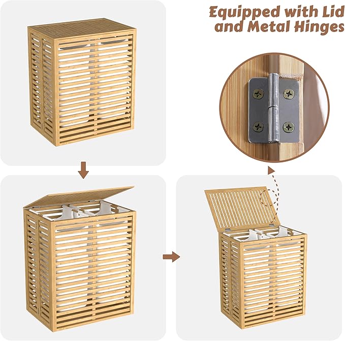 VEIKOU Hamper with Lid, Bamboo Laundry Hamper 2 Compartment, Divider Dirty Clothes Hamper, 120L Large Foldable Laundry Hamper with Removable Liners Bags