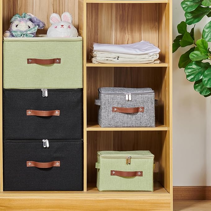 2 Pack Storage Bins with Zipper Lid Cotton Linen Fabric Lidded Storage Baskets Boxes Foldable Washable Closet Shelf Clothes Organizer Container with PU Leather Handles (Black, Small Size)
