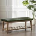 HUIMO Entryway Shoe Bench with Cushion, End of Bed Bench,Upholstered Bench for Kitchen, Bench with Solid Wood Shelf, Leather Ottoman Bench for Hallway, Living Room (PU-Green)