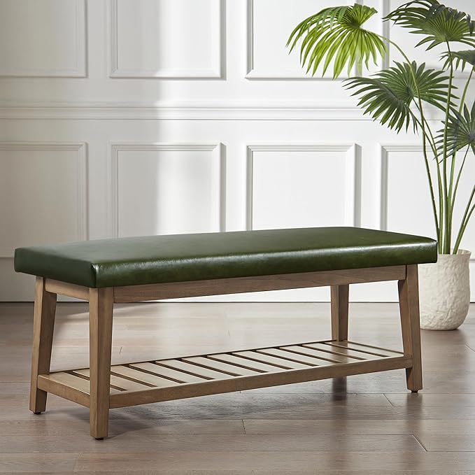 HUIMO Entryway Shoe Bench with Cushion, End of Bed Bench,Upholstered Bench for Kitchen, Bench with Solid Wood Shelf, Leather Ottoman Bench for Hallway, Living Room (PU-Green)