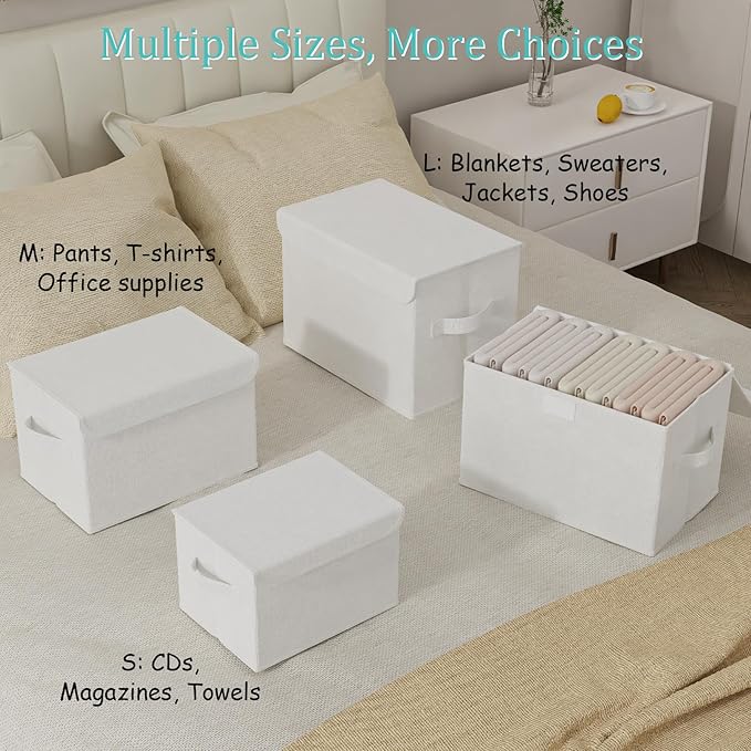 Foldable Storage Bin, Cube Organizer Basket with Flip-Top Lid and 2 Handles, Decorative Boxes for Shelves with Cover for Clothes, Towels, Blanket, 2 Pack, White, 13 x 9 x 7.9 In, XSNY12WM-2