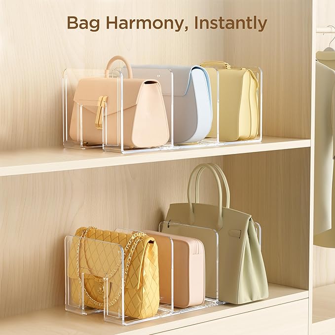 HBlife Purse Organizer for Closet, 3 Sections Widened Clear Handbag Storage Shelf Bag Organizer Acrylic Clutch Dividers for Closet Organizers and Storage, 2 Pack (Fits Up to 4.17 Inch Width Small Bag)