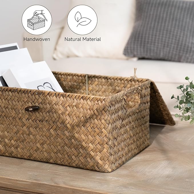 StorageWorks Wicker Baskets with Lid for Organizing, Seagrass Storage Baskets for Shelves, Decorative Box with Built-in Handles, Brown, Large, 1 Pack