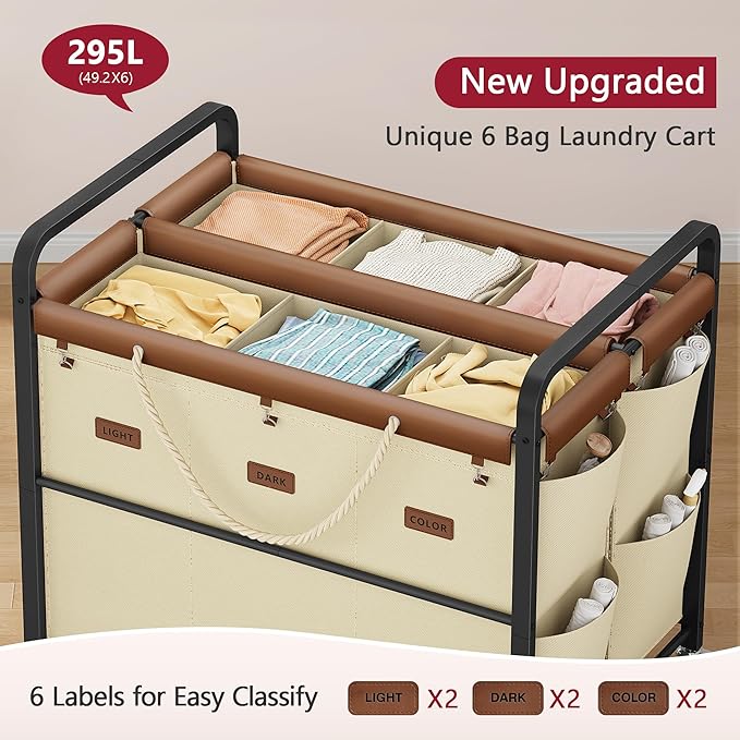 Tajsoon 295L Extra Large Laundry Hamper 6 Section, Heavy Duty Laundry Cart with Wheels, Commercial Laundry Sorter with Sturdy Metal Frame, Removable Bags & Leather Patchwork, Beige