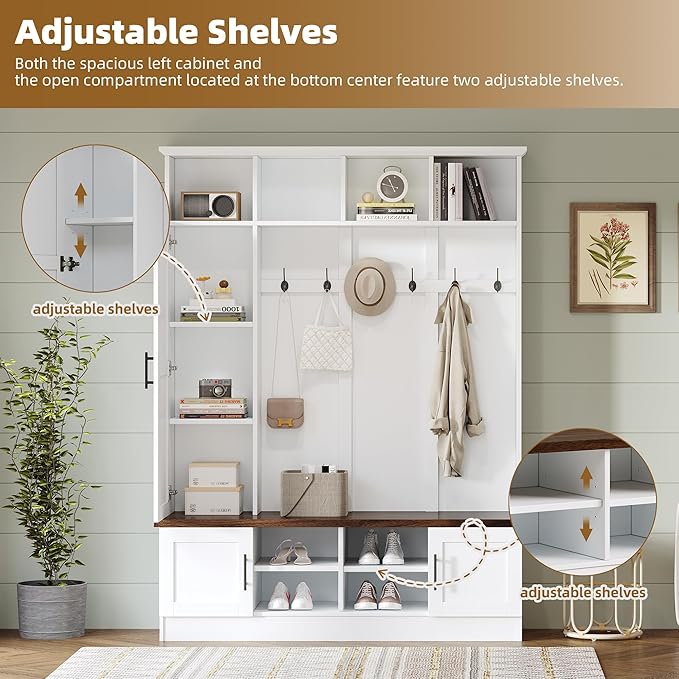 Merax Farmhouse Wood Hall Tree with 6 Hooks and Shoe Bench, Mudroom Versatile Coat Racks with Cabinets and Shelves, Entrance Organizer for Hallway White
