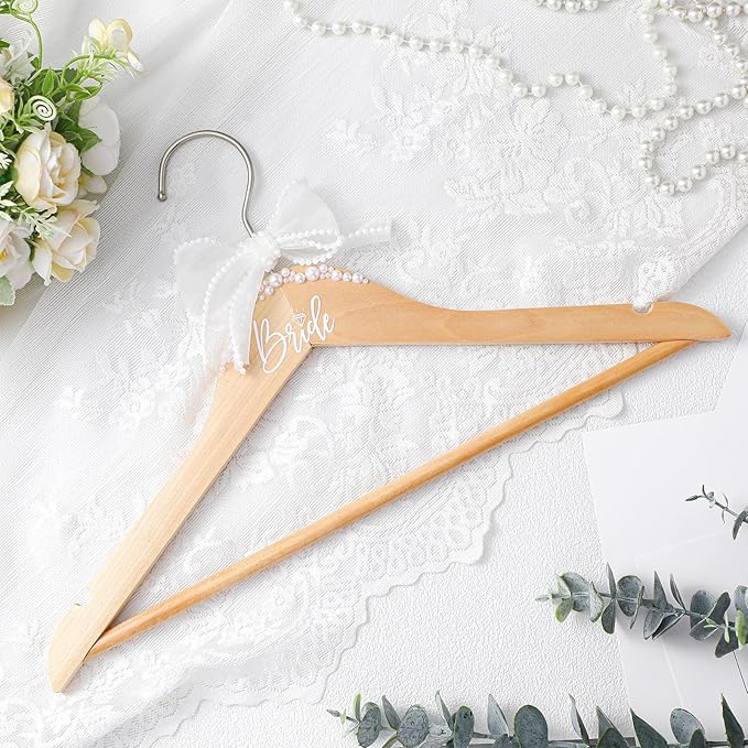 Bride Wedding Dress Pearl Mrs. Hanger with Pearl Ribbon Bow Elegant Wooden Dress Hanger to Be Ideal Keepsake for Wedding Day Gift(Brown,Bride)