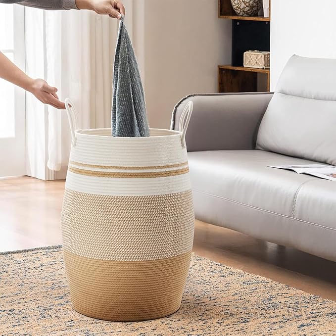 Fiona's magic 105L Extra Large Laundry Hamper Basket, Woven Tall Clothes Hamper for Storage Blanket, Toys and Dirty Cothes in Bedroom and Living Room Organizer, Yellow & White