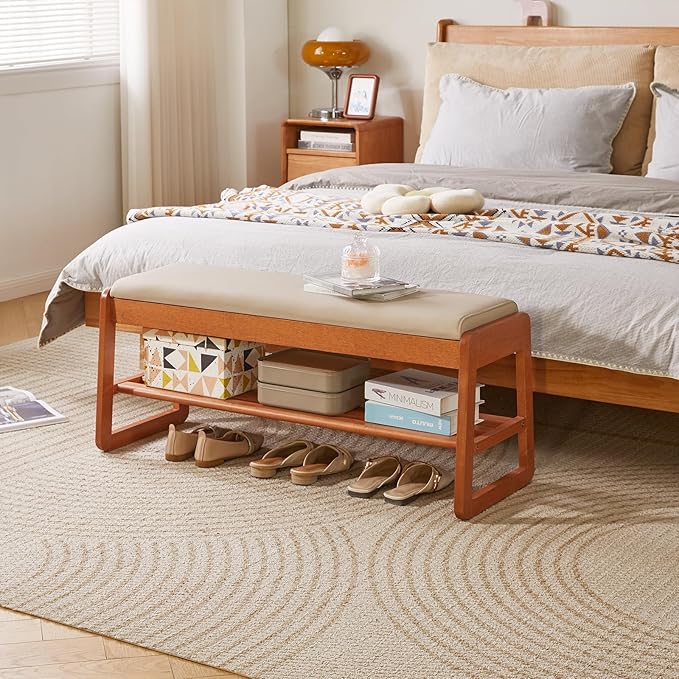 Wood Shoe Bench with Flip-Top Storage, 2 Tier Entryway Shoe Bench, 39.37in Shoe Rack with Cushion for Living Room, Cherry Wood Color YD-WD062C