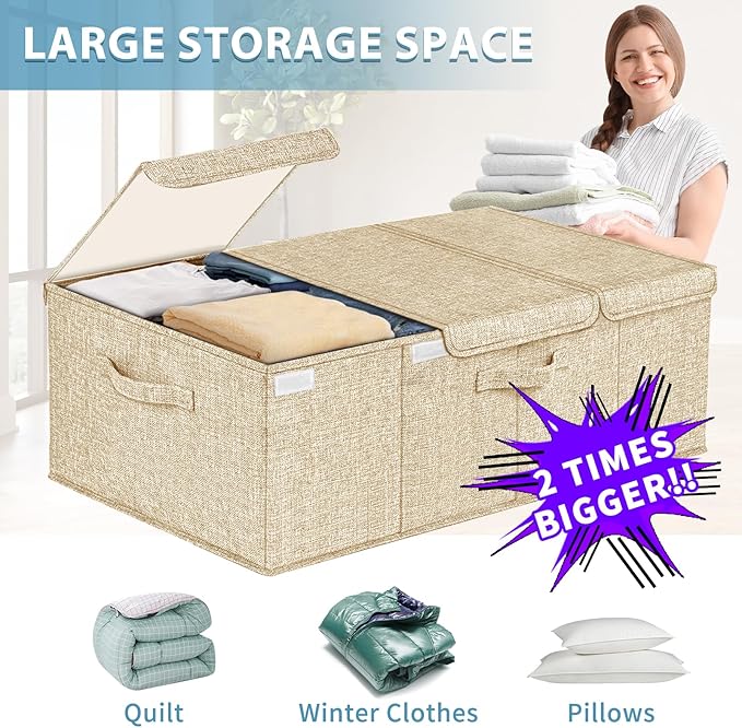 Deep Under Bed Storage Container, 10" Tall Height Underbed Box Bin with Lids 31" Long Large Basket for Under Bed, Bedroom, Dorms, Clothes, Bed sheets, Blankets, 2 Pack, Beige