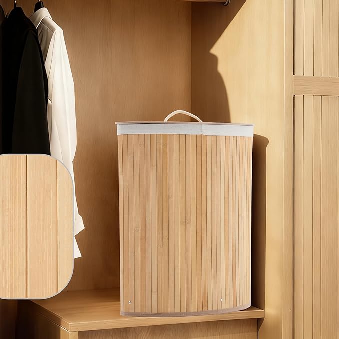 GarveeHome Corner Laundry Hamper with Lid, 15.3 Gal / 58 L Large Foldable Bamboo Laundry Basket with Washable Liner Bag, Wicker Clothes Hamper for Bedrooms Bathrooms Apartments, Natural