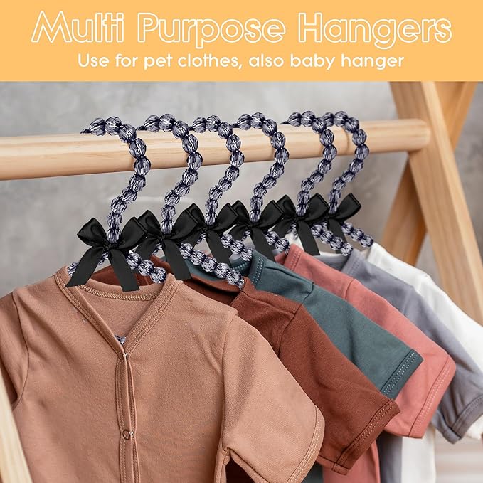 Mini Beaded Closet Hangers for Kid Clothes - Pack of 5, 7.8" Cute Organizers for Small Garments, Pet Outfits, Boutique Displays, Satin Bow Detail - Charm Black