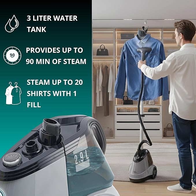True & Tidy® Commercial Garment Steamer – Heavy Duty 1800W for Home & Commercial Use, 90+ Min Continuous Steam, Large 3L Tank, Wheels, Smart Auto-Off Safety