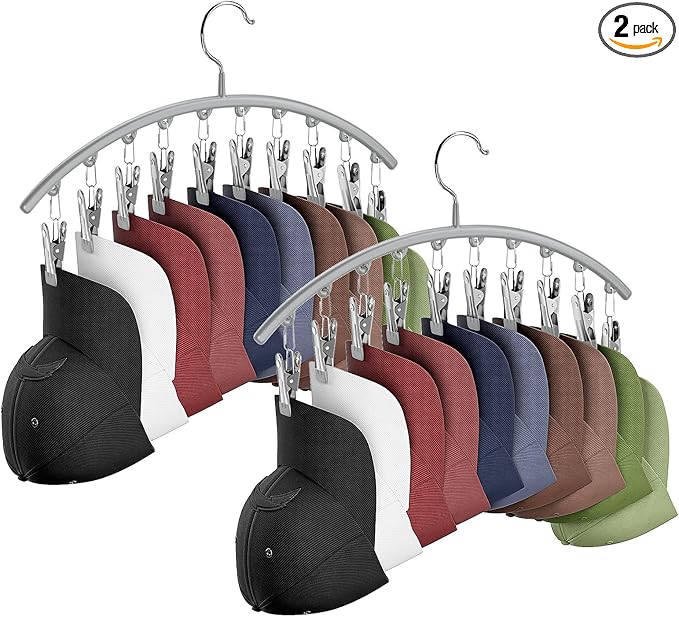 Hat Hangers for Closet, Metal 2 Pack Hat Organizer Holder for Hanger Closet Display, Hat Racks for Baseball Caps w/10 Clips, Hat Holder for Ball Caps & Accessories, for Men Women, Grey