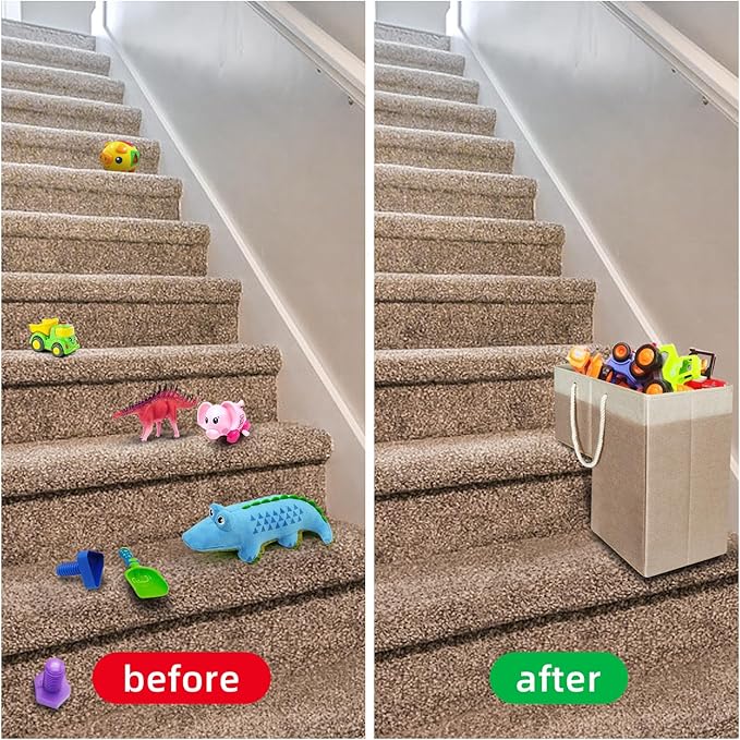 Stair Basket for Stairs with Handle, Staircase Baskets for Carpeted and Wooden Stairs,16" Step Storage Basket for Toys, Clothes, Books, Tools, with Hard Board, Anti-slip (Brown, 1 pack)