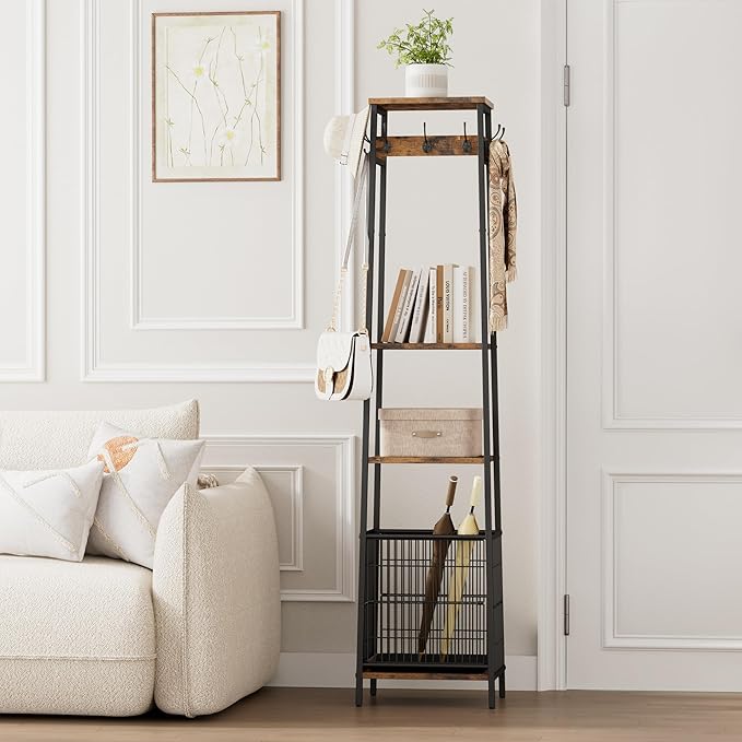 Coat Rack Freestanding with Umbrella Holder, Coat Stand with 2 Shelves and 7 Hooks, Hall Tree, Clothes Rack Stand Organizer for Hallway, Entryway, Living Room, Rustic Brown and Black