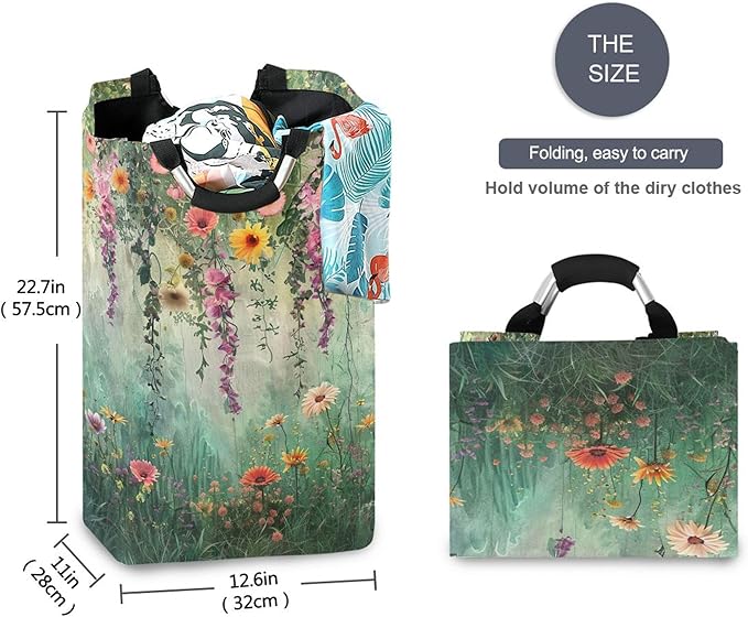 xigua Watercolor Pastel Flowers Large Laundry Hamper with Handle, Foldable Clothes Hamper Collapsible Storage Basket for Toys and Clothes Organization in Bedroom, Bathroom, and Laundry Room