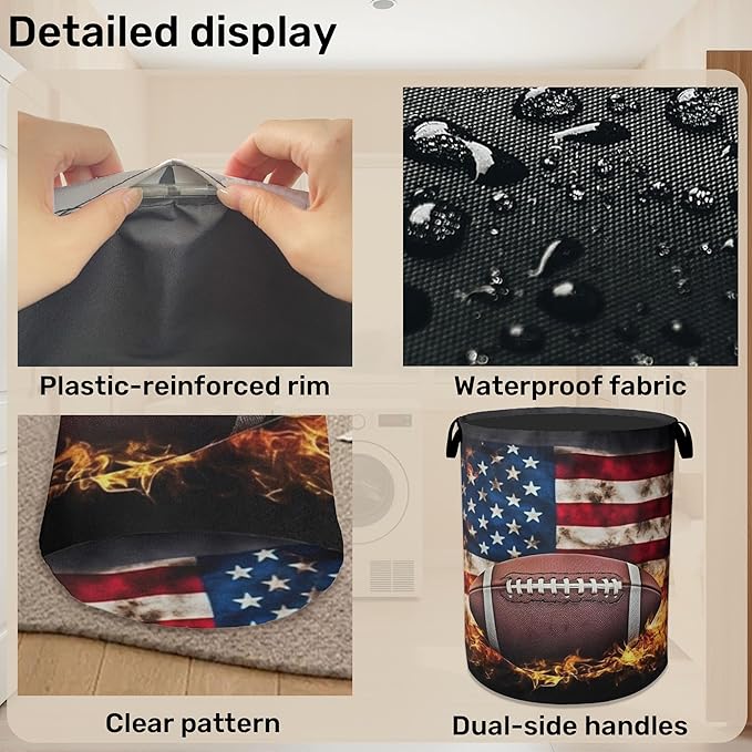 Football Large Clothes Hamper Bag - Laundry Basket with Handles, Space Saving Foldable Design for Nursery