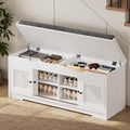 LIKIMIO 47.2" Shoe Bench with Lift Top Storage, Entryway Bench with Cushioned Seat, 2-Tier Rattan Shoe Cabinet with Adjustable Shelf, Storage Bench for Bedroom, Living Room, Hallway, White