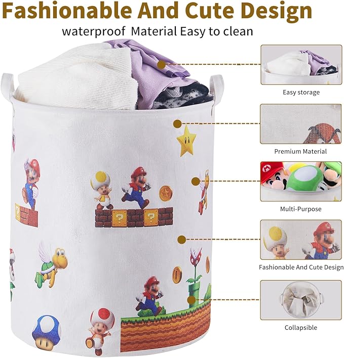 Super Storage Basket,Baby Laundry Large Hamper,Waterproof Nursery Bedroom Decor,Brothers Dirty Clothes Basket for Kids,Boys and Girls Birthday Gift Bag Bathroom Set Toy Bin(White,Round)