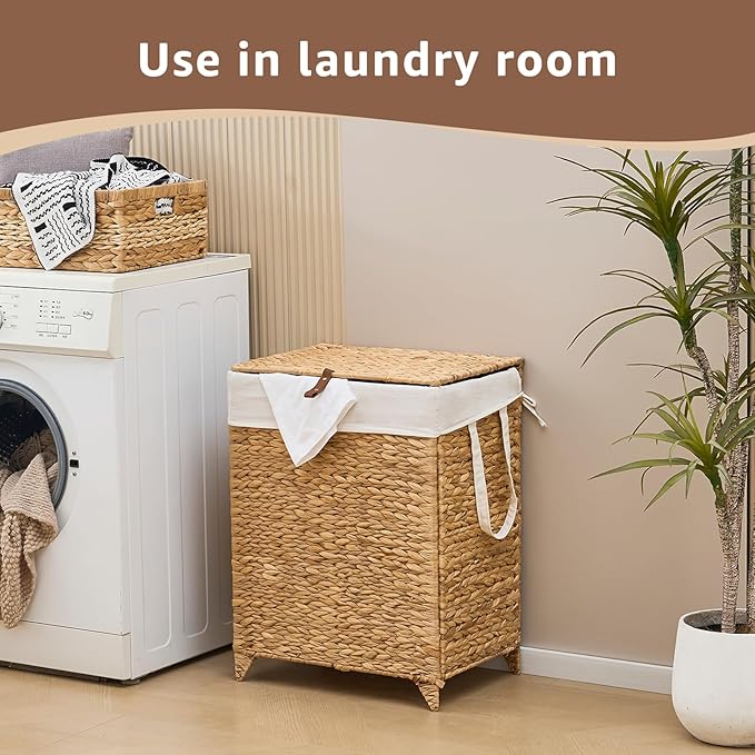 Handwoven Laundry Hamper with Lid, Natural Hyacinth Heightened Feet Laundry Basket, Wicker Clothes Hamper with Removable Liner Bag (Natural-A, 90L)